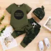 0-18 Months Newborn Baby Boy Baby Girl Clothes Set Letter Print Short Sleeve Bodysuit Camouflage Pants Headband Outfit